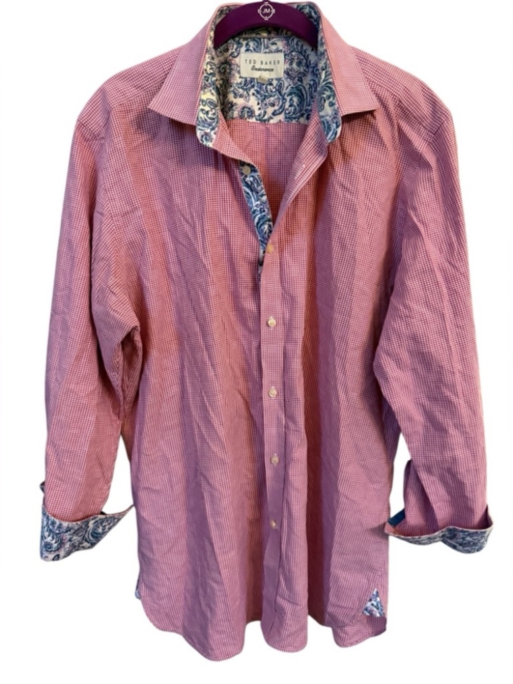 Ted Baker Endurance Gingham Button Down Shirt Pink 16.5 32/33 Blue‎ Paisley Trim